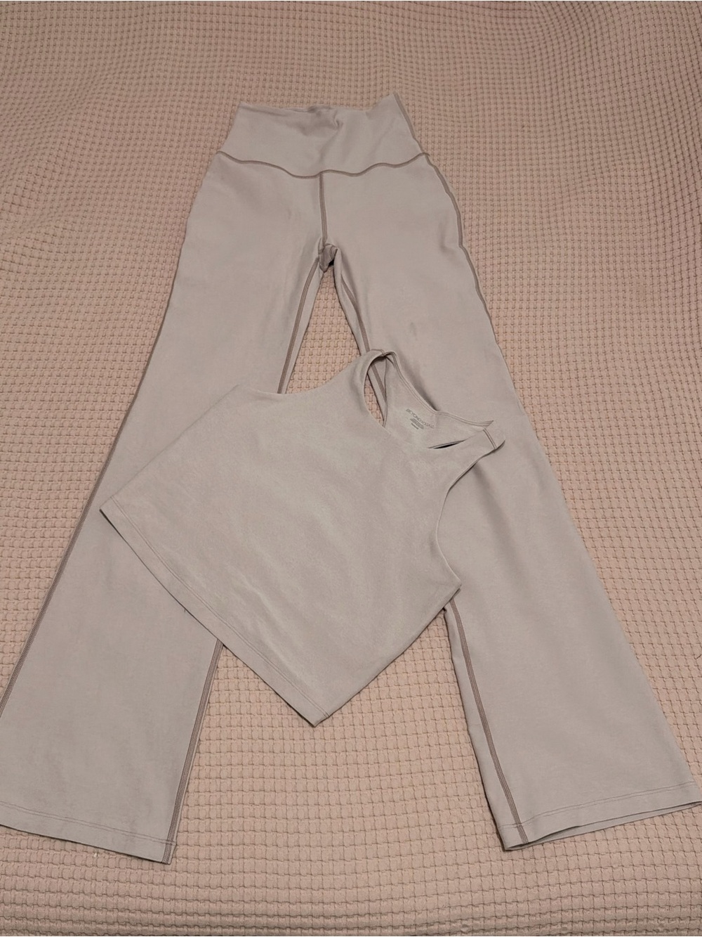 Beyond Yoga Light Beige High-Waist Flare Leggings with Matching Tank